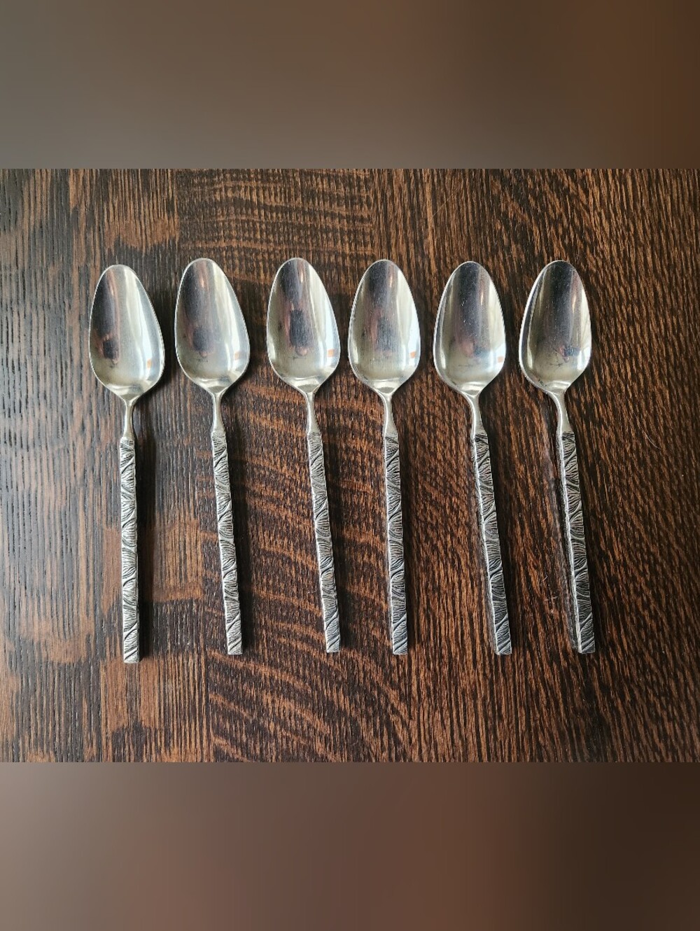 Orleans Silver Stainless Soup Spoons Exotic Pattern MCM Set of 6 - EUC $40